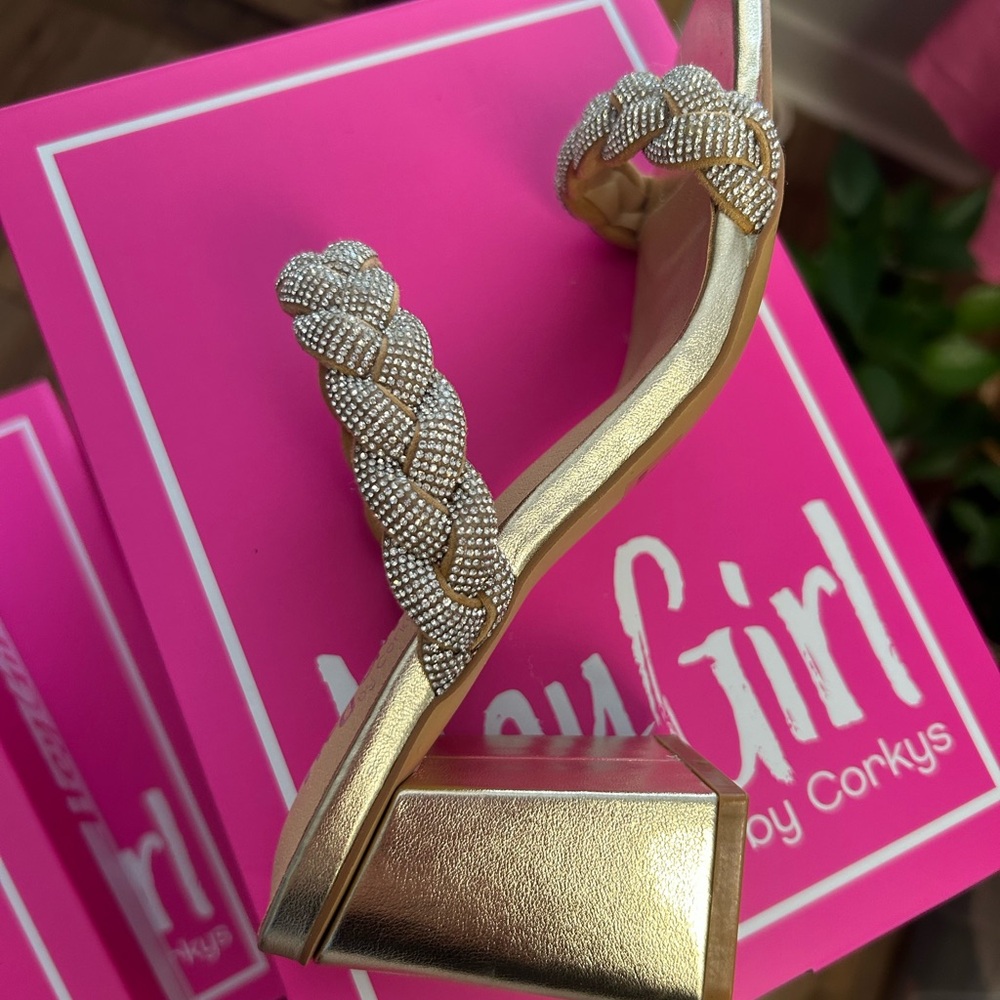 Corkys Gold Heeled Sandals with Glittery Strap - Picture 2 of 3